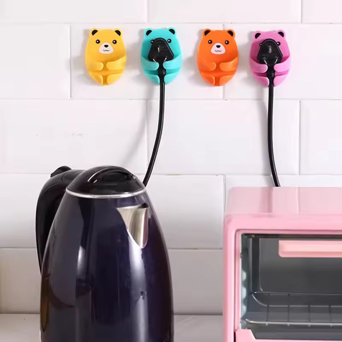 Set Of 4 Bear Plug Bracket Punch Free Hooks, Punch Free Power Plug Socket Holder, Wall Mounted Power Strip Holder