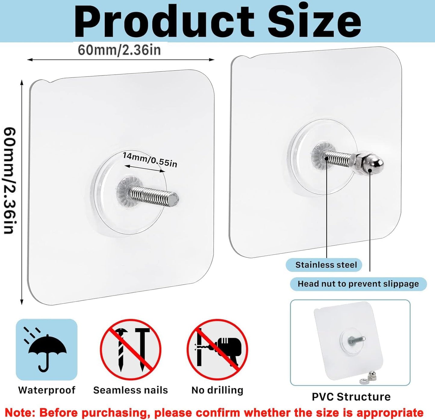 20pcs Adhesive Wall Mount Screw Hooks, Heavy Duty Adhesive Hooks, Seamless Screws for Wall Mount Shelf, Kitchen Bathroom Home Office, 14 mm/13 lbs(Max)